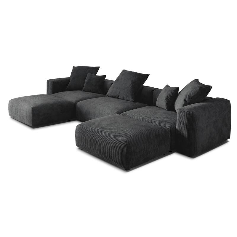 141.73" U-shape Corduroy Modular Sofa, Large Size Comfy Sectional Couch Sofa with 5 Pillows