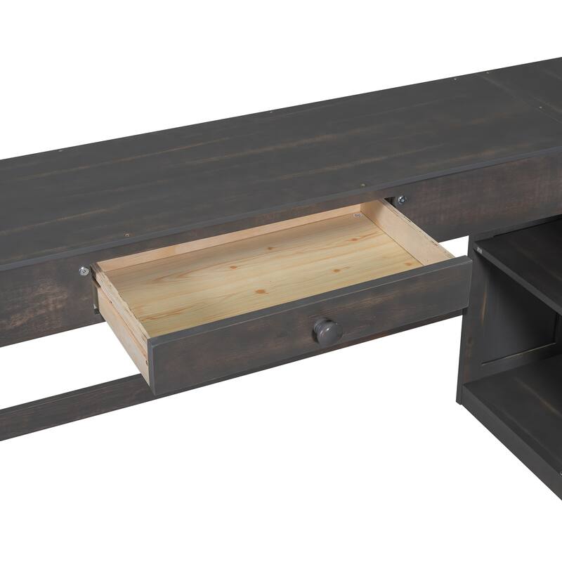 Roomfitters Full Size Wood Loft Bed with U-Shaped Desk, Drawers and Storage Shelves, Antique Brown