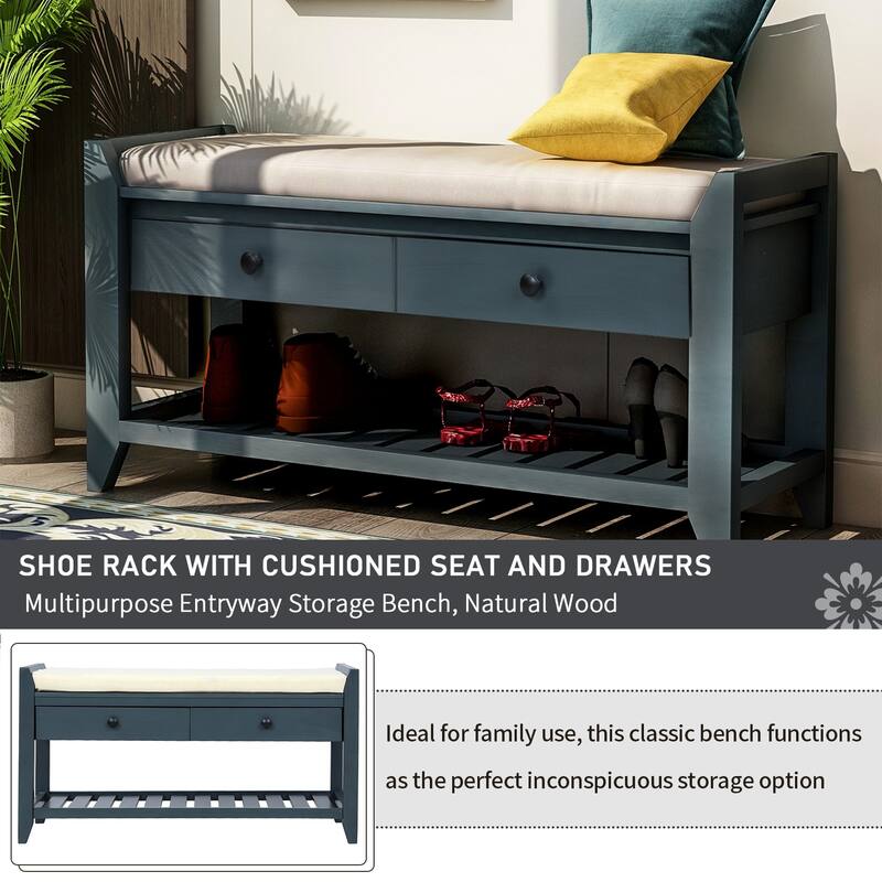 Bench with Removable Cushion, Storage Bench with Multifunctional Wood Shoe Organizer Benches for Entryway, Hallway, Closet