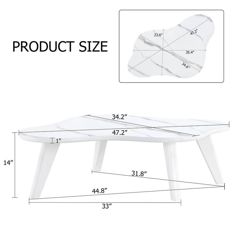 Modern Minimalist Imitation Marble Tabletop Coffee Table. Solid Wood Spray Painted Desk Legs, Cloud Shape - White