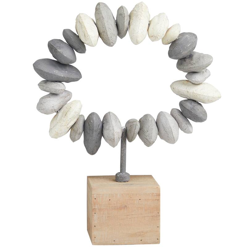 Gray Metal Circular Stone Abstract Decorative Sculpture with Brown Wooden Base