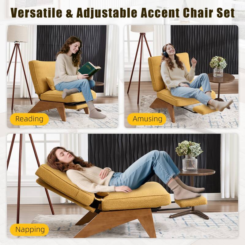 HOMEFUN Upholstered Modern Multi-Position Adjustable Wooden Base Lounge Chair with Footrest and Lumbar Pillow