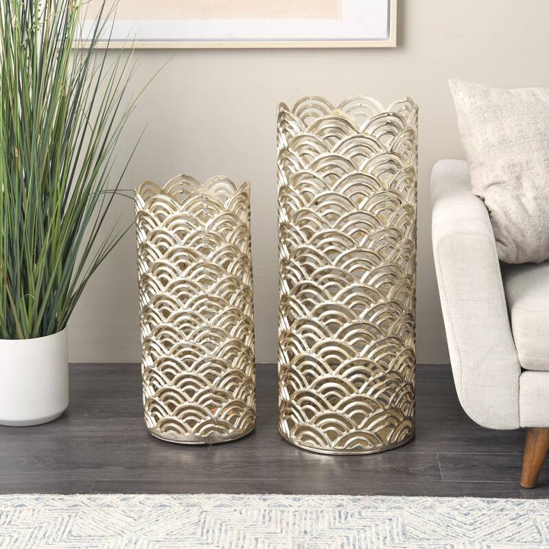 Aluminum Metal Geometric Art Deco Inspired Decorative Vase with Arch Designs - Set of 2 Gold or Silver - Roche River Decor