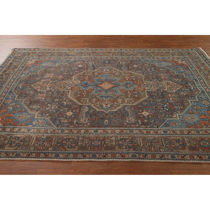 Gray Geometric Tabriz Persian Vintage Rug Handmade Wool Carpet - 6'8"x 9'7"