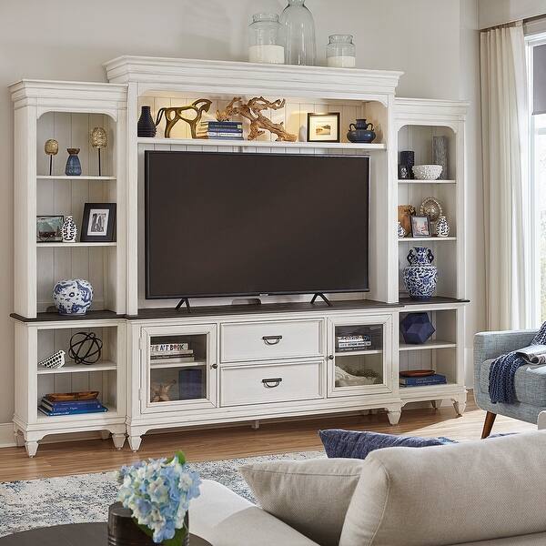 Allyson Park Wirebrushed White Entertainment Center with Piers Bed