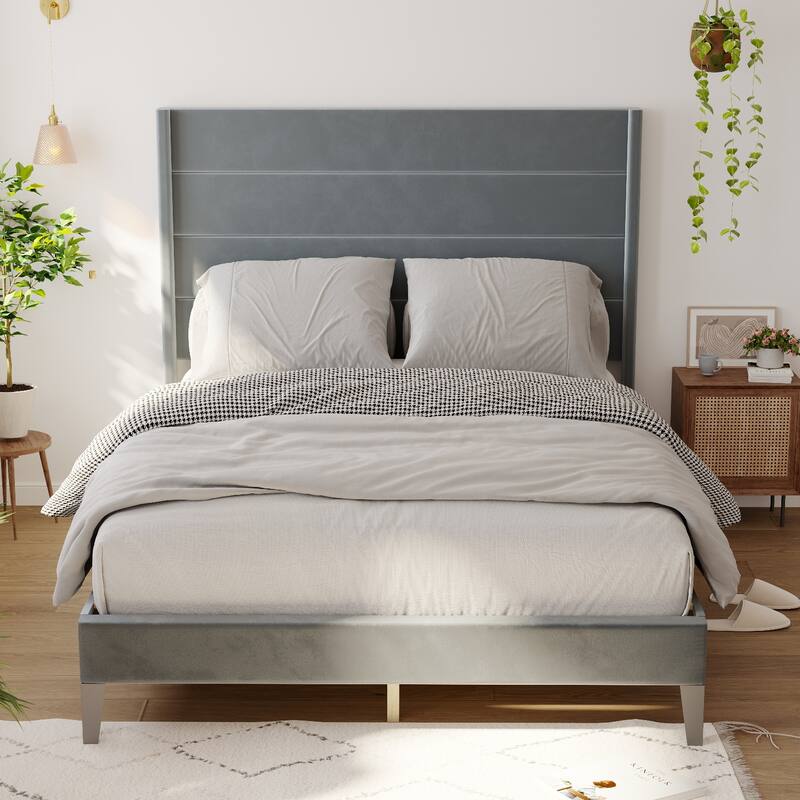 High Back Upholstered Platform Bed Frame,380gsm,TB117 Certified,Easy Detachable,Grey