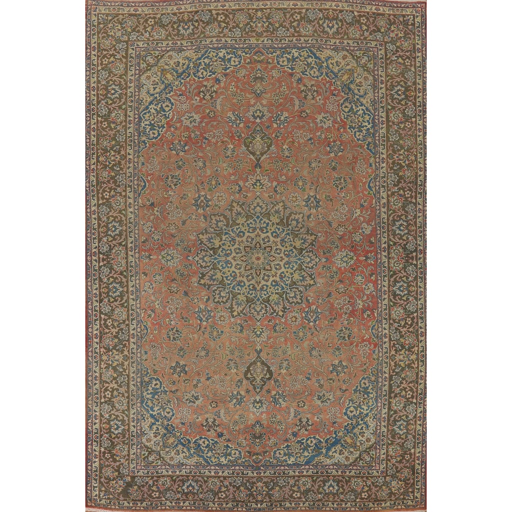 Floral Kashan Vintage Persian Area Rug Handmade Wool Carpet - 9'8" x 13'5"