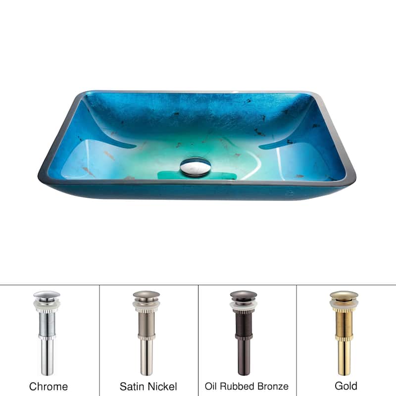 KRAUS Irruption Blue 22 in. Rectangle Glass Glass Vessel Bathroom Sink - Sink with Satin Nickel Pop Up Drain