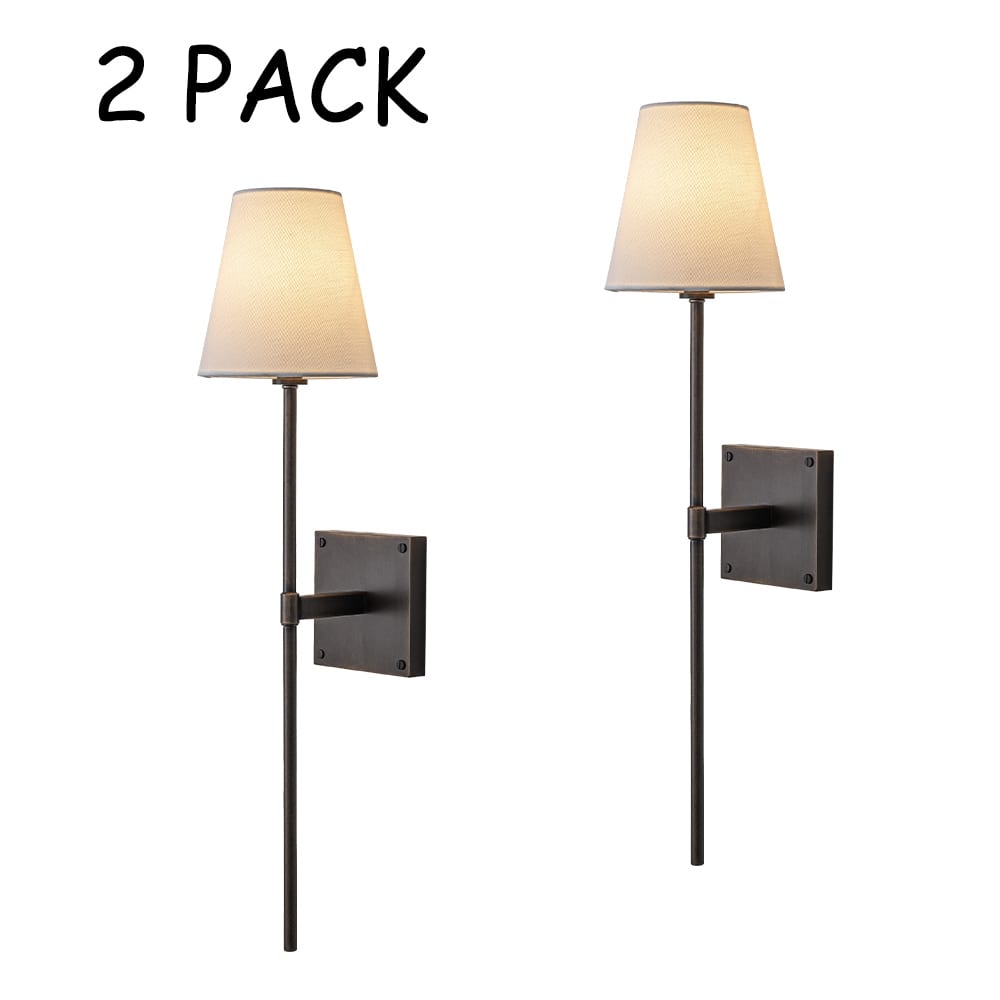 25" Tall Transitional Wall Sconce in Bronze with White Linen Shade Modern Farmhouse Fabric Wall Light Fixture(2 Pack) - W6"