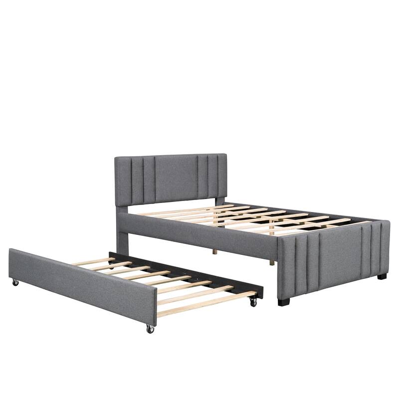 Wooden Bed Frame, Full Size Low-Profile Platform Bed with Pull-Out Trundle Bed, Upholstered Headboard and Footboard