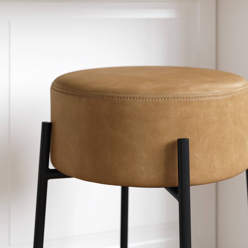 Isaac Modern Backless Metal Round Bar Stool with Boucle Padded Seat and Metal Base