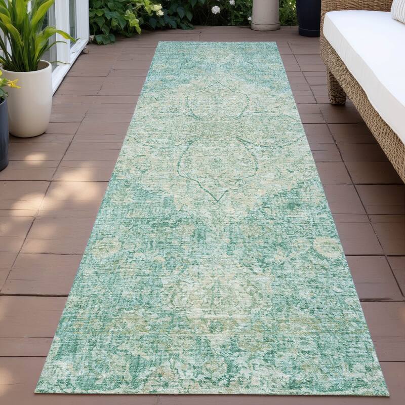 Machine Washable Indoor/Outdoor Traditional Global Chantille Rug - Teal - 2'3" x 7'6"