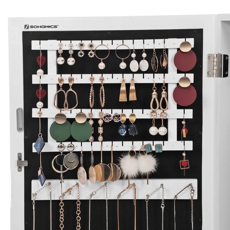 White Lockable Wall Jewelry Cabinet with Mirror Velvet Lined Compartments Ring and Necklace Storage