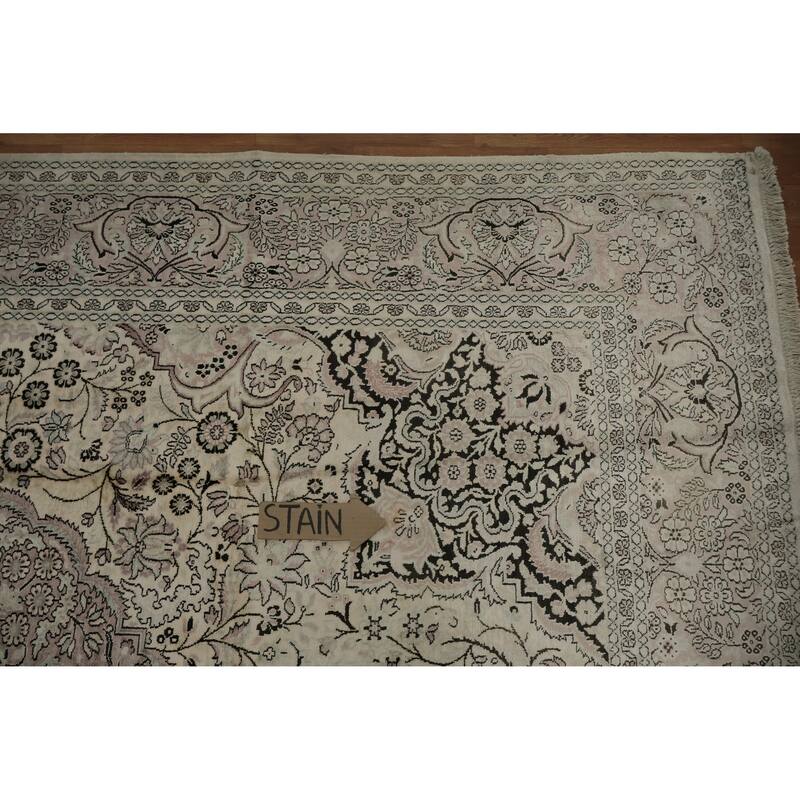 Hand Knotted Oriental Silk Carpet Traditional Floral Beige & Ivories Kashmir Area Rug - 10' 3'' X 7' 0''