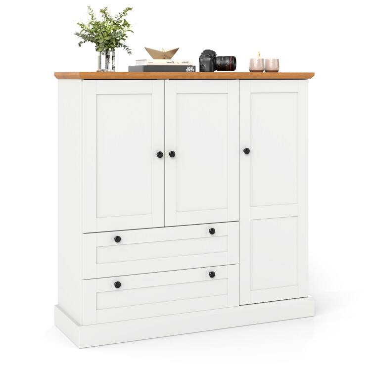White and Natural Buffets Kitchen Pantry with 2 Cabinets 2 Drawers and Farmhouse Style Storage - 47.5" x 16" x 47.5"