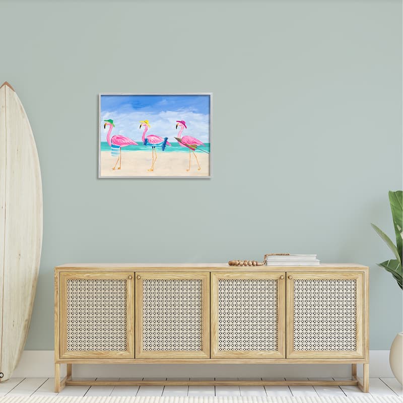 Stupell Cute Pink Flamingos Beach Attire Strolling Coast Illustration Framed Wall Art