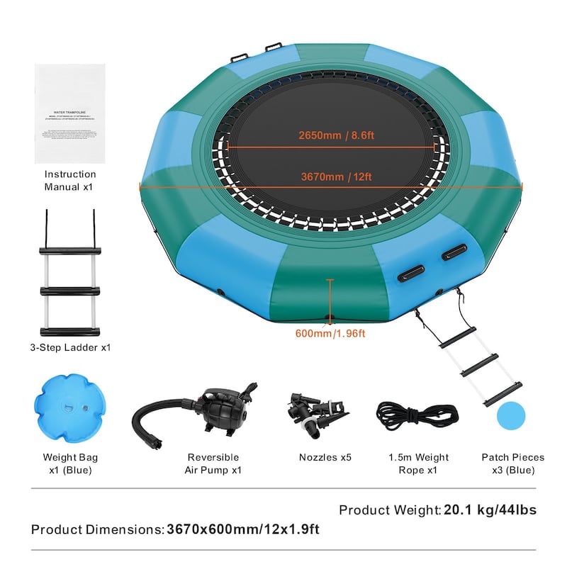 12ft Portable Inflatable Recreational Water Bouncer Trampoline with 3-Step Ladder and Electric Air Pump