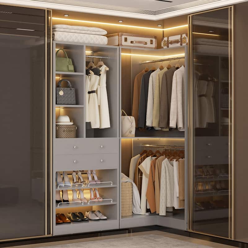 Set of 2/ 3 Coner Closet System with Shoe Racks and Drawers, Freestanding Closet Organizer with Hanging Rods and Shelves - Grey - Set of 2