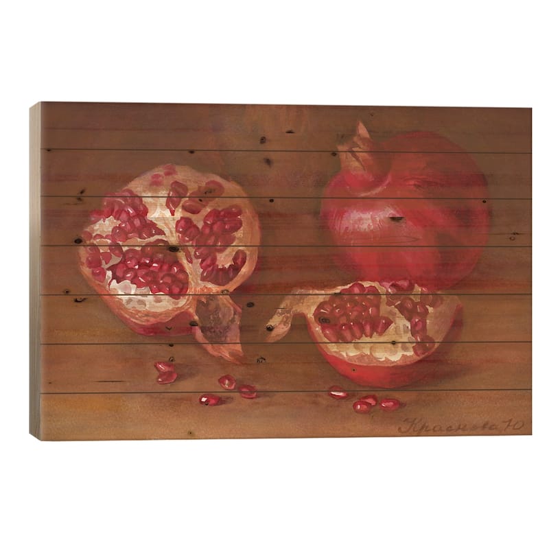 Pomegranates On The Table Print On Wood by Yulia Krasnov - Multi-Color - 18x26x1.5