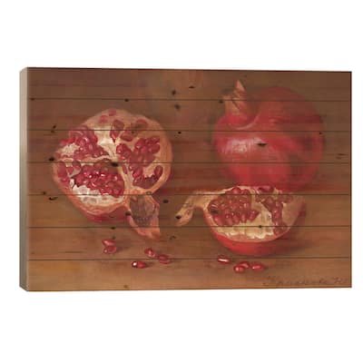 Pomegranates On The Table Print On Wood by Yulia Krasnov - Multi-Color
