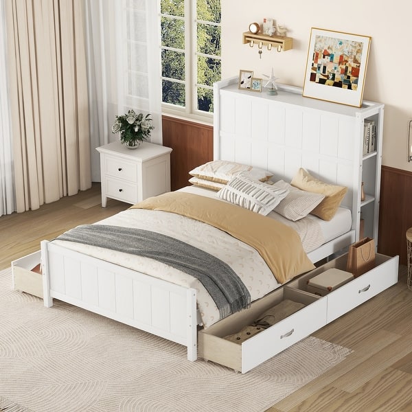 slide 2 of 21, Full Size Platform Bed with Drawers and Storage Shelves Antique White - Full