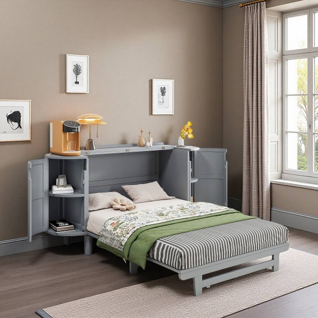 Queen Size Murphy Bed with Hidden Storage, Side Cabinets, and Woven Drawer Design, Space-Saving Foldable Bed