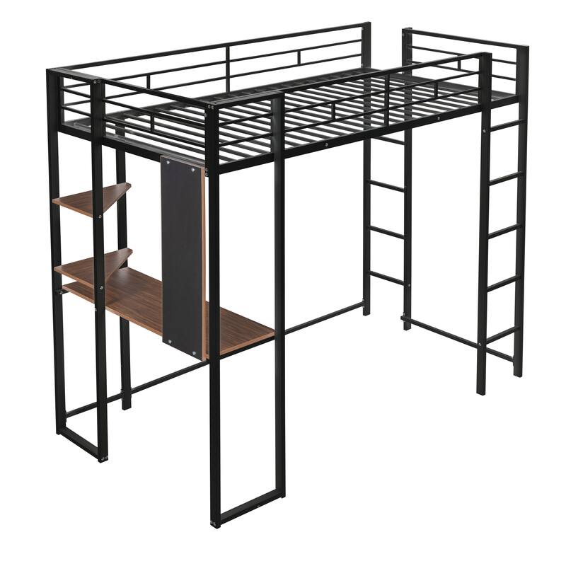 Twin Size Metal Loft Bed with Desk and Shelves, Black Finish