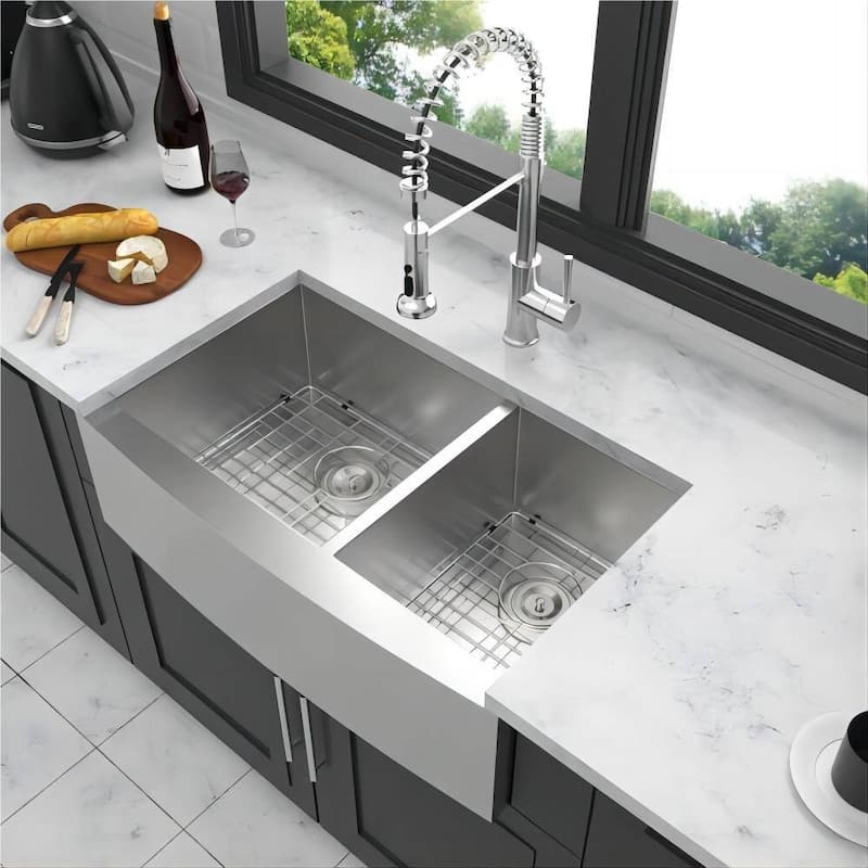 33 in 36 in Double Bowl Farmhouse 18 Gauge Apron Front Kitchen Sink