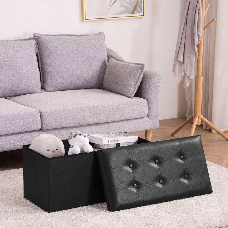 Folding Storage Ottoman Bench, Faux Leather Footrest Couch for Living Room, 30 inch Storage Bench with Padded Seat