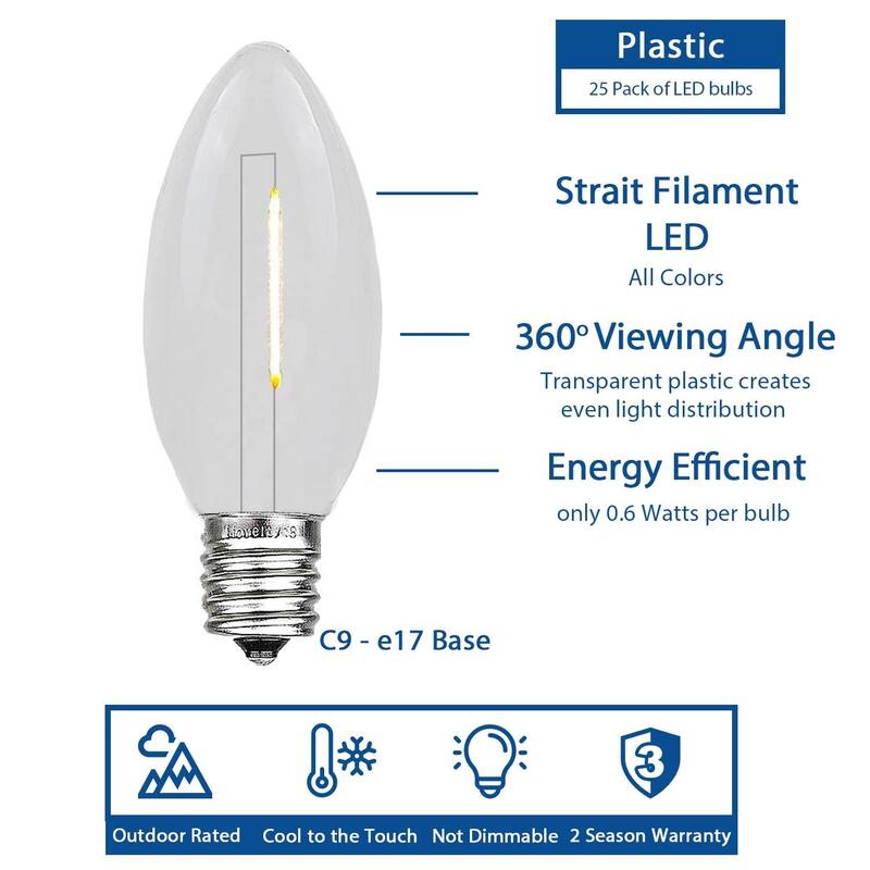 25 Pack C9 LED Outdoor Christmas Replacement Bulbs, Warm White, C9/E17 Base