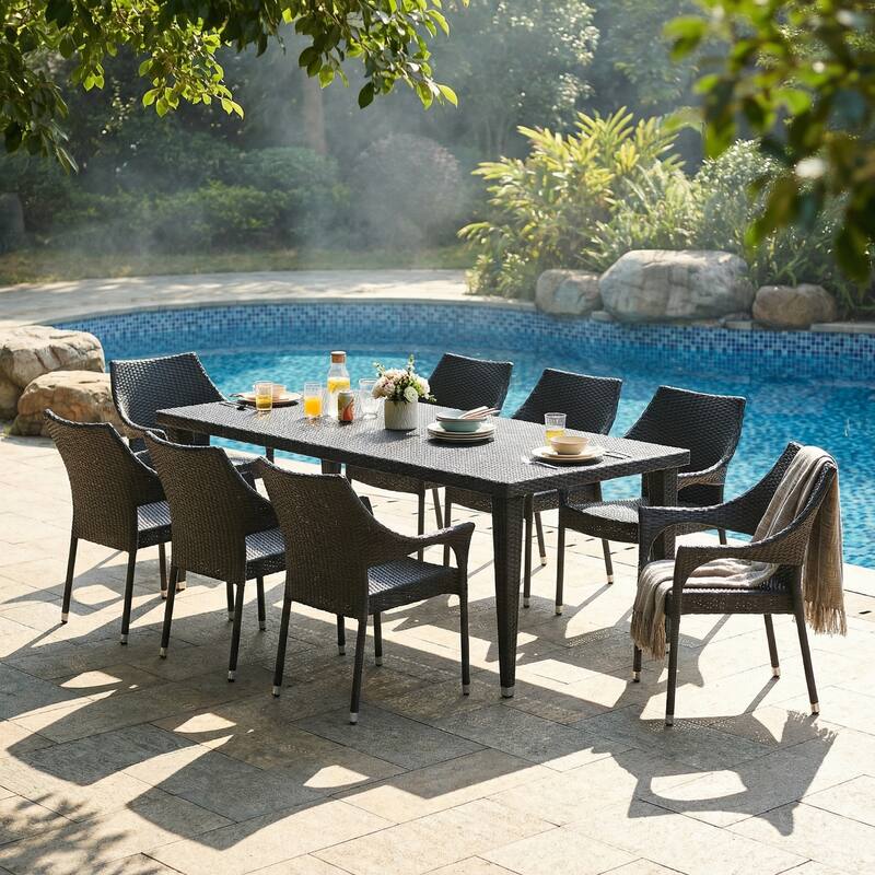 Christopher Knight Home - Modern 9-Piece Outdoor Wicker Patio Dining Set with Rectangular Rattan Table and Stackable Chairs - Grey Rattan+Brown