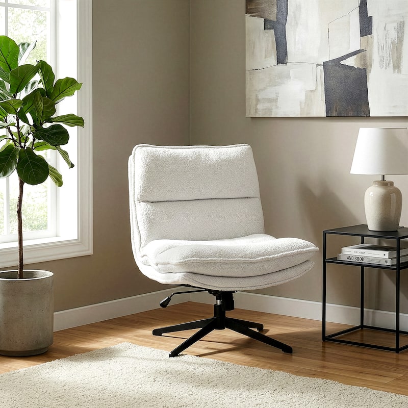 Benecia White Boucle Upholstered Fabric Accent Chair with Black Metal Height Adjustable Swivel Legs