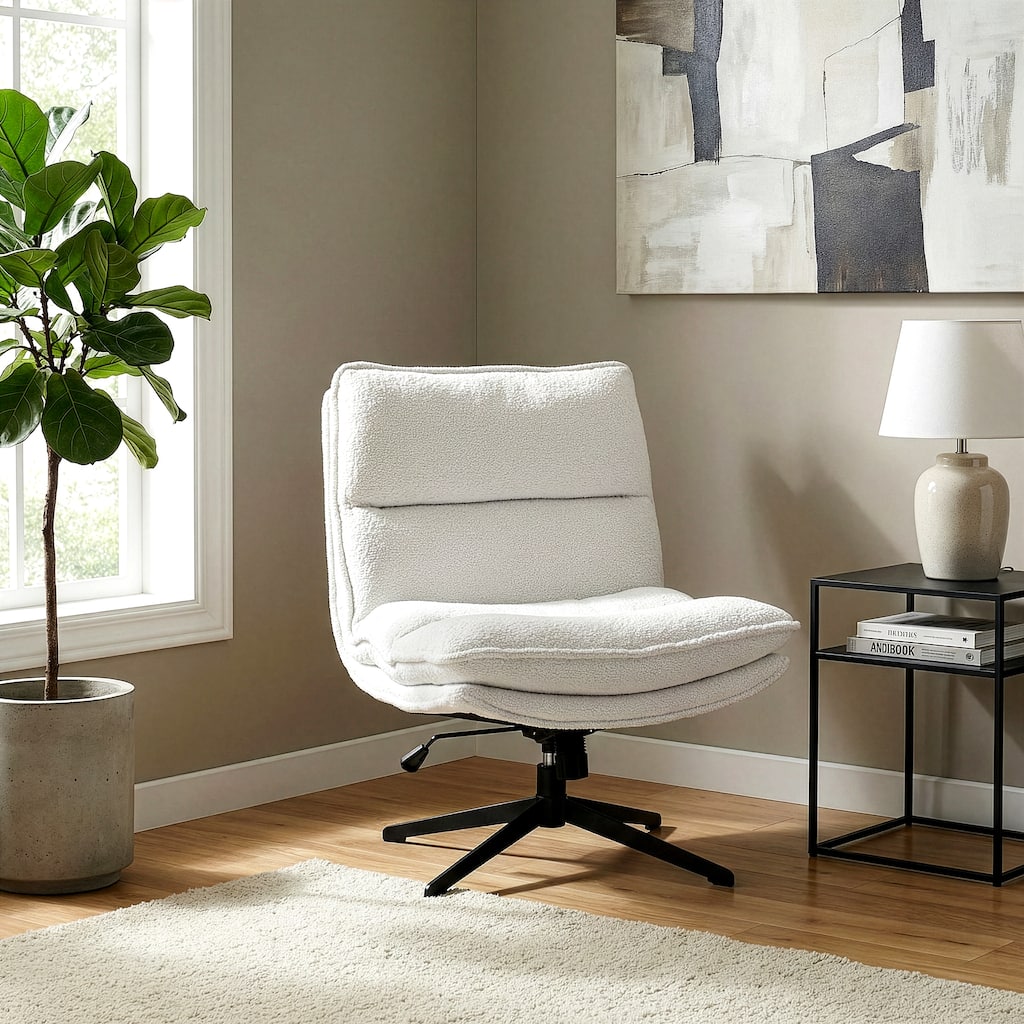 Benecia White Boucle Upholstered Fabric Accent Chair with Black Metal Height Adjustable Swivel Legs