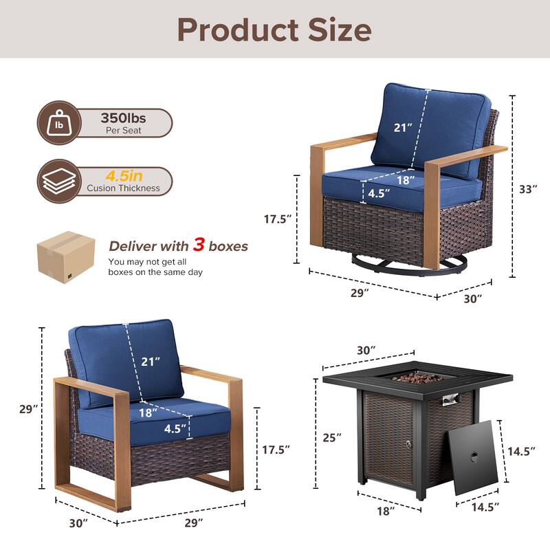 Meyreso 5-Piece Wicker Patio Conversation Set with Metal Fire Pit & Plush 4.5" Olefin Cushions