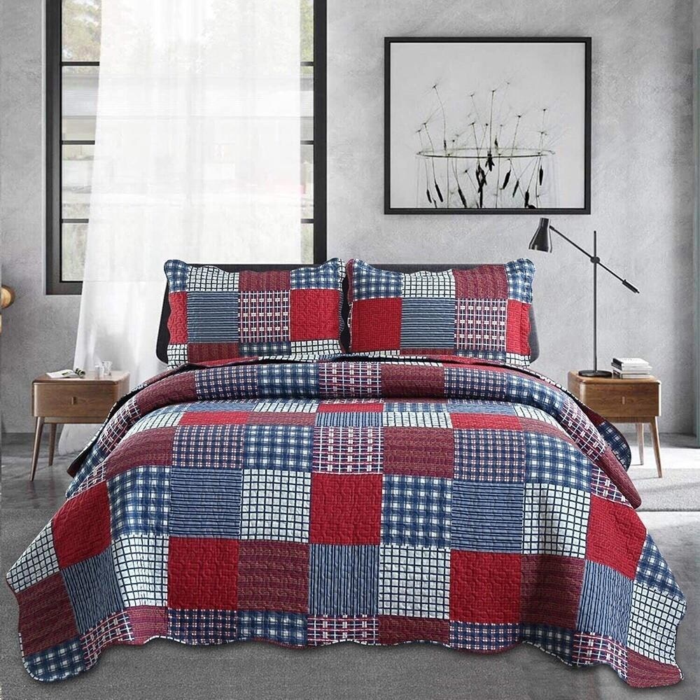King Size Plaid Quilt Bedspread Set Patchwork Red 108 x 96