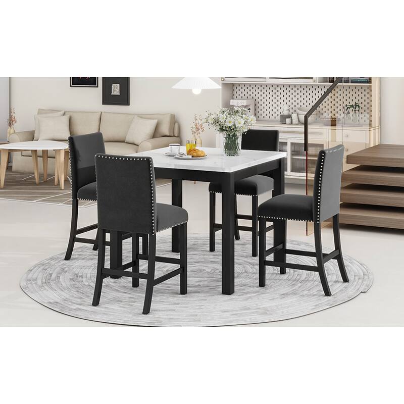 Roomfitters 5-Piece Counter Height Dining Table Set with Faux Marble Square Table and Velvet Upholstered Chairs