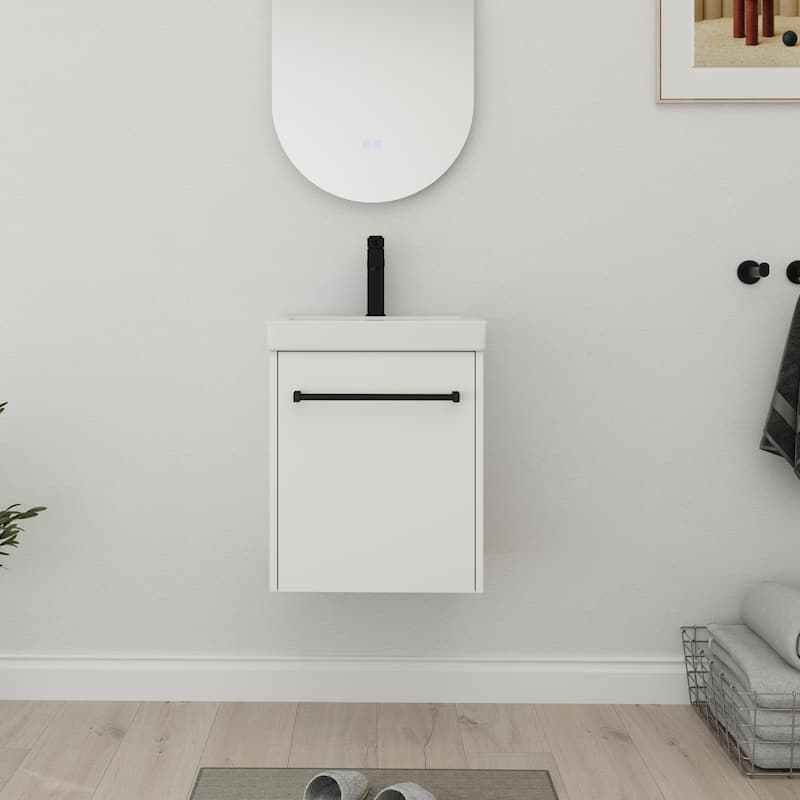 Bathroom Vanity With Sink In 16/18 Inch, Floating Bathroom Vanity With Soft Close Door - 17.3''W×13.5''D×21.3''H - Glossy White