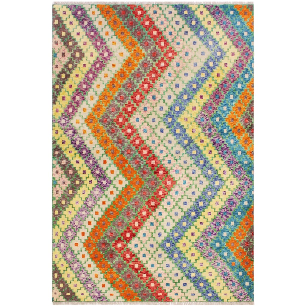 Boho Chic Balochi Andrews Blue/Orange Hand Knotted Wool Rug - 5'6'' x 7'9''