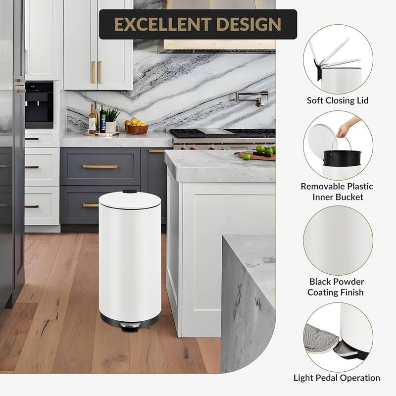 8 Gal Round Trash Can, Step-on Garbage Bin for Kitchen, Office, Bathroom