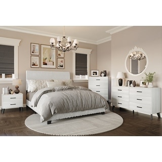 CraftPorch Corduroy 4-pieces Mid-Century Modern White Bed with Light Grey Furniture Bedroom Set
