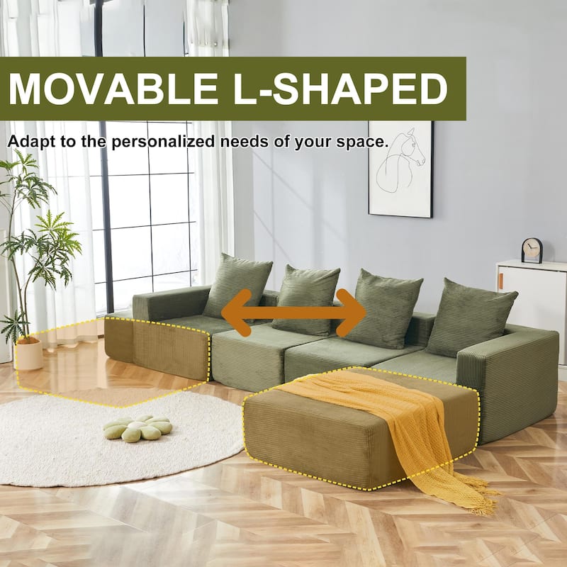 4-Seat Modular Sofa Sectional with Oversized Chaise & Ottomans Cloud Couch in Soft Corduroy Fabric