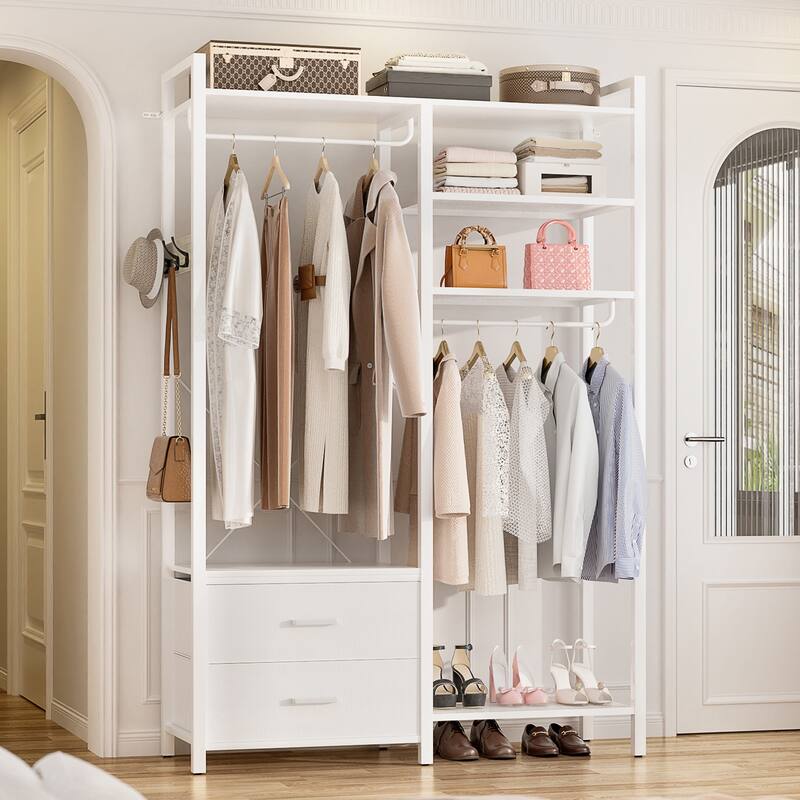 Garment Rack Heavy Duty Clothes Rack Free Standing Closet Organizer with Shelves and 2 hanging Rods - White