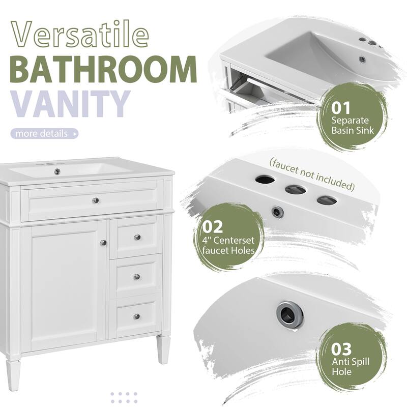 30''Bathroom Vanity with Top Sink,with 2 Drawers and a Tip-out Drawer, Freestanding Vanity Set with Mirror Cabinet,Single Sink