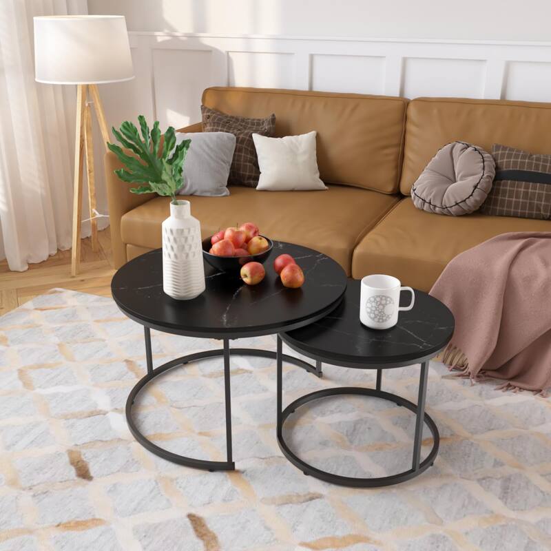 Anmytek Round Nesting Coffee Table Set 2 Piece Wood and Metal Side Tables for Living Room