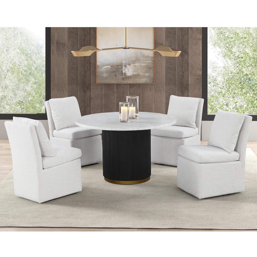 Furniture of America Torin Modern 5-Piece White Marble Top Round Dining Set with Boucle Upholstered Chairs