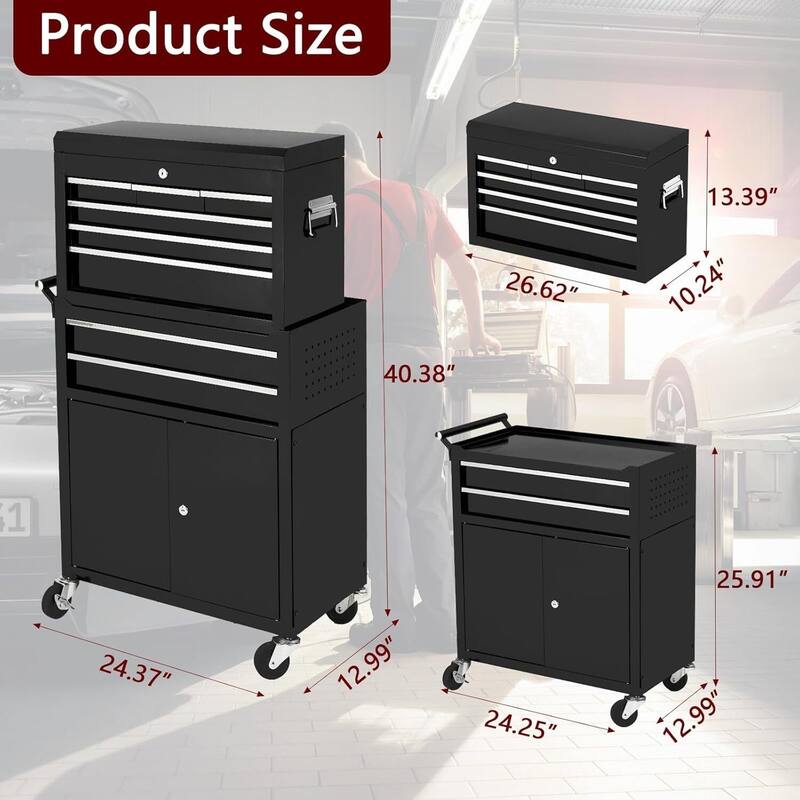 8-Drawer Rolling Tool Chest with Wheels for Workshop Garage - N/A