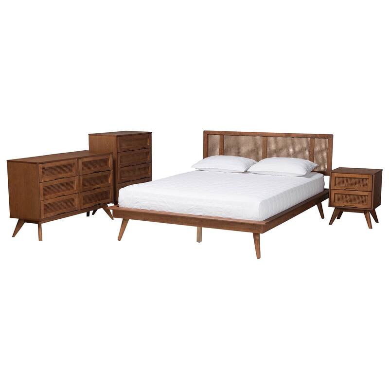 Nura Mid-Century Modern Walnut Brown Finished Wood and Rattan 3-Piece/4-Piece/5-Piece Bedroom Set (Multiple Bed Sizes) - King - 4 Piece
