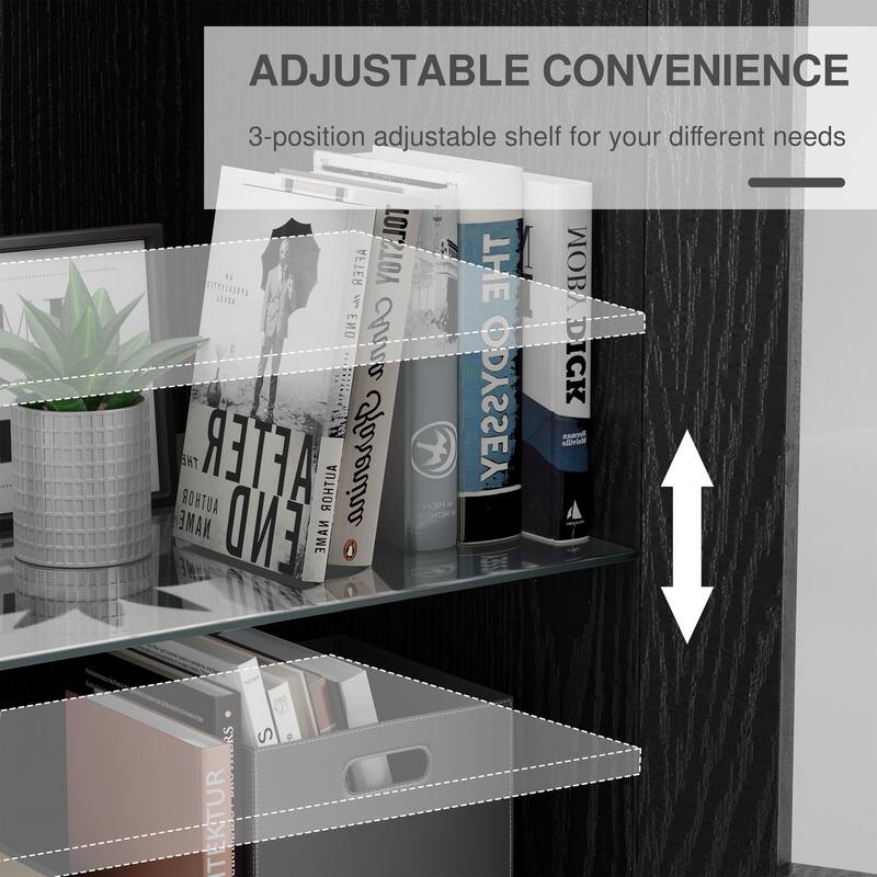 Wood Bookshelf Storage Cabinet with 2 Glass Door and Adjustable Shelf for Kitchen Bedroom Entryway Living Room Dinning Room