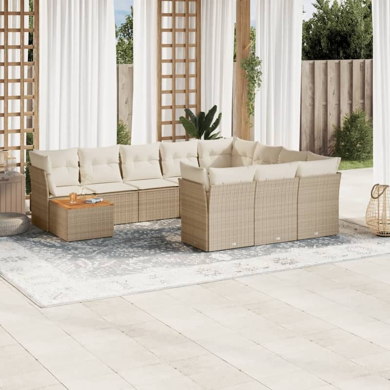 vidaXL Patio Sofa Set with Cushions Outdoor Furniture 11 Piece Poly Rattan - 21.7 x 21.7 x 14.6 - Beige and Cream-Table+4x corner+6x middle