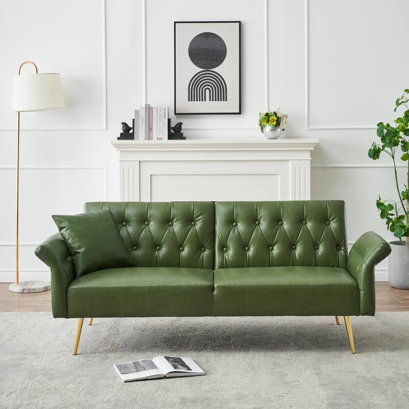Sleek Faux Leather Sofa Bed with Adjustable Armrests, Converts Easily for Living Room or Small Apartment Use - Green